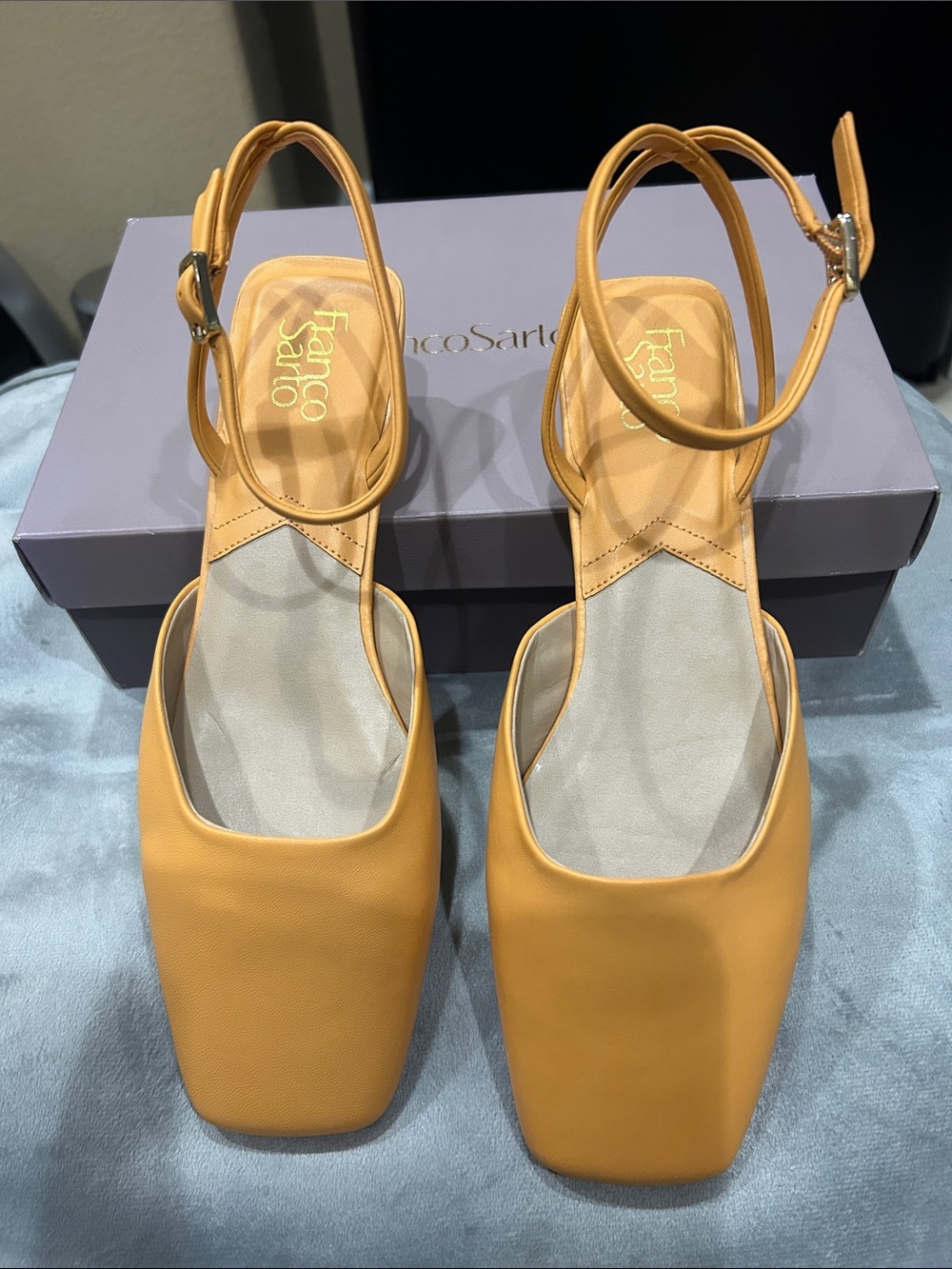 Franco Sarto Mustard Yellow Square-Toe Ankle-Strap Mules